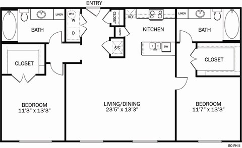 A floor plan of a two bedroom apartment with a living/dining area.